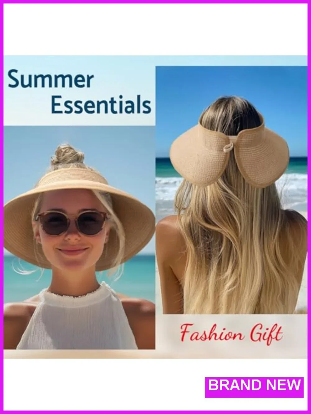 Wide Brim Roll-Up Beach Ponytail Hat Packable Foldable Travel Straw Visor